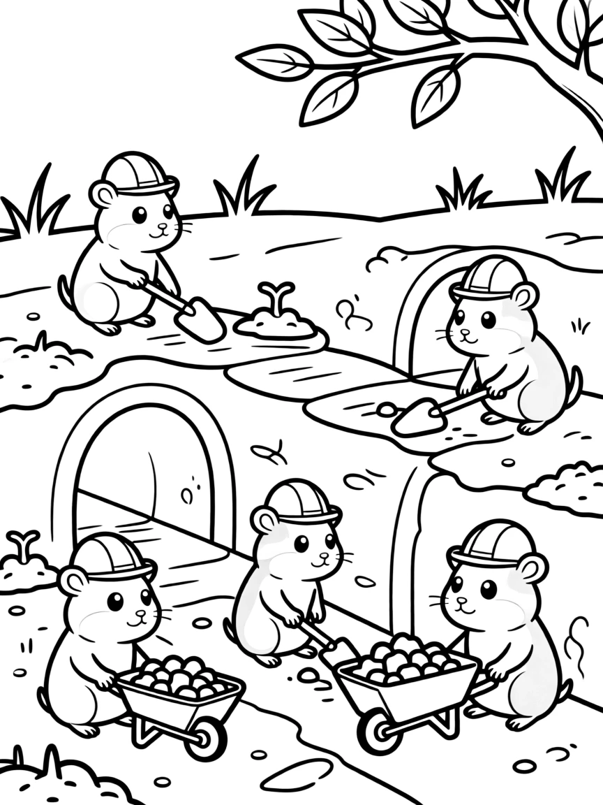 A family of gerbils working together to build a tunnel system