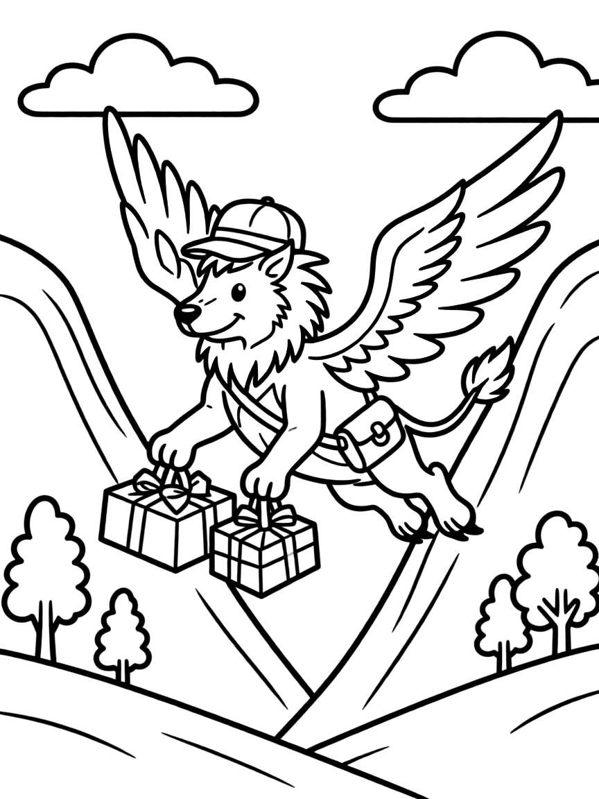 A griffin mail carrier delivering packages between mountains