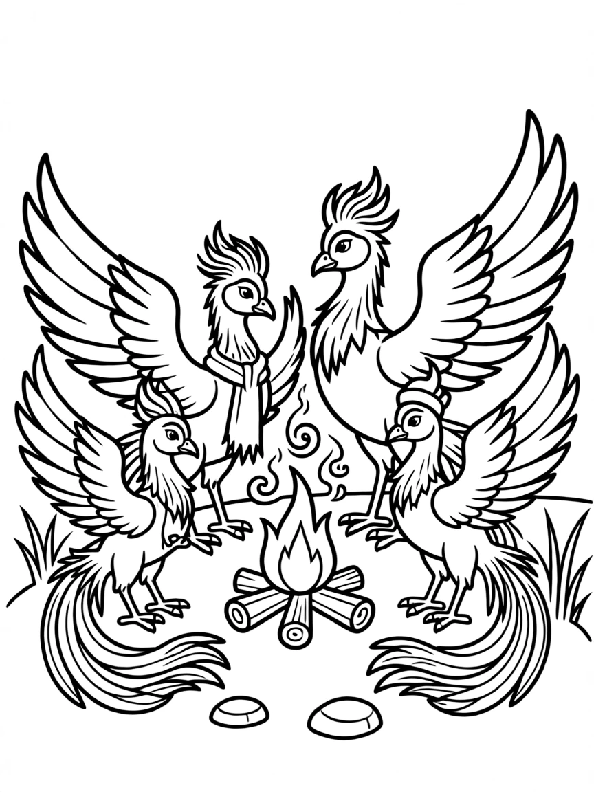 A family of phoenixes having a campfire sing-along