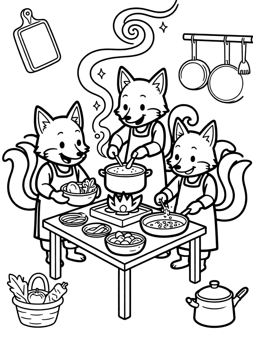 A family of kitsune foxes cooking dinner with magical flames