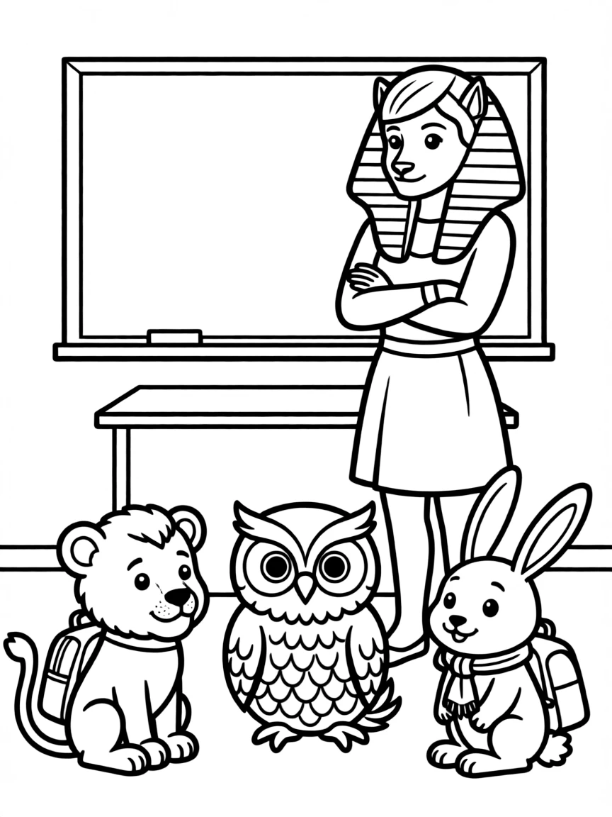 A sphinx teacher posing riddles to student animals