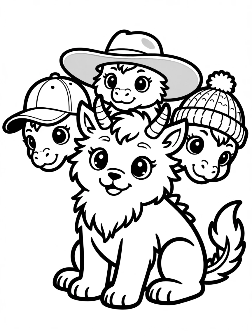 A chimera cub with each head wearing a different hat
