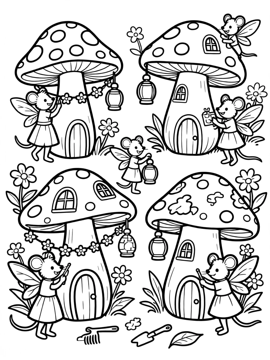 A group of pixie mice decorating mushroom houses