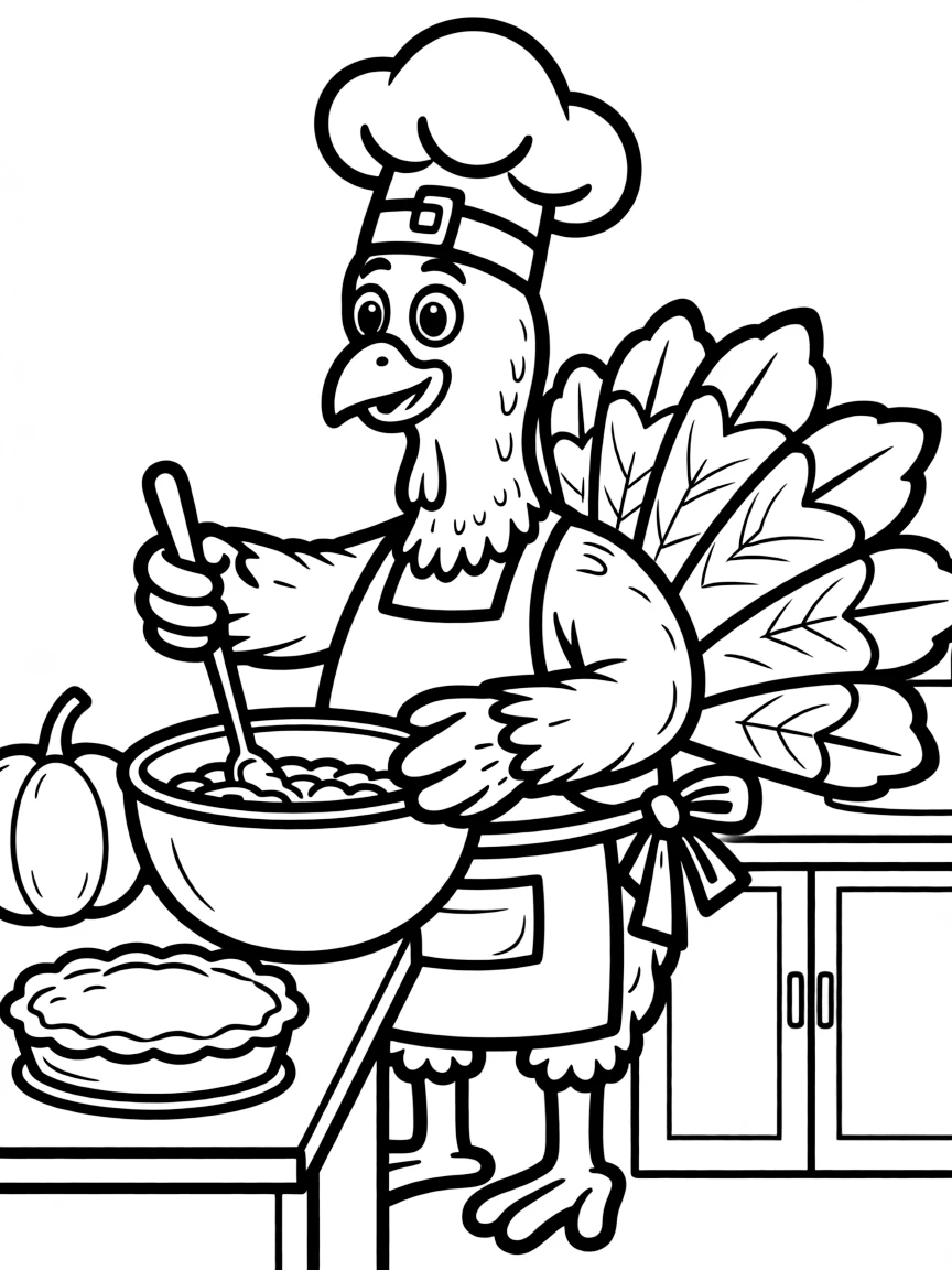 A turkey chef wearing a pilgrim hat preparing Thanksgiving dinner