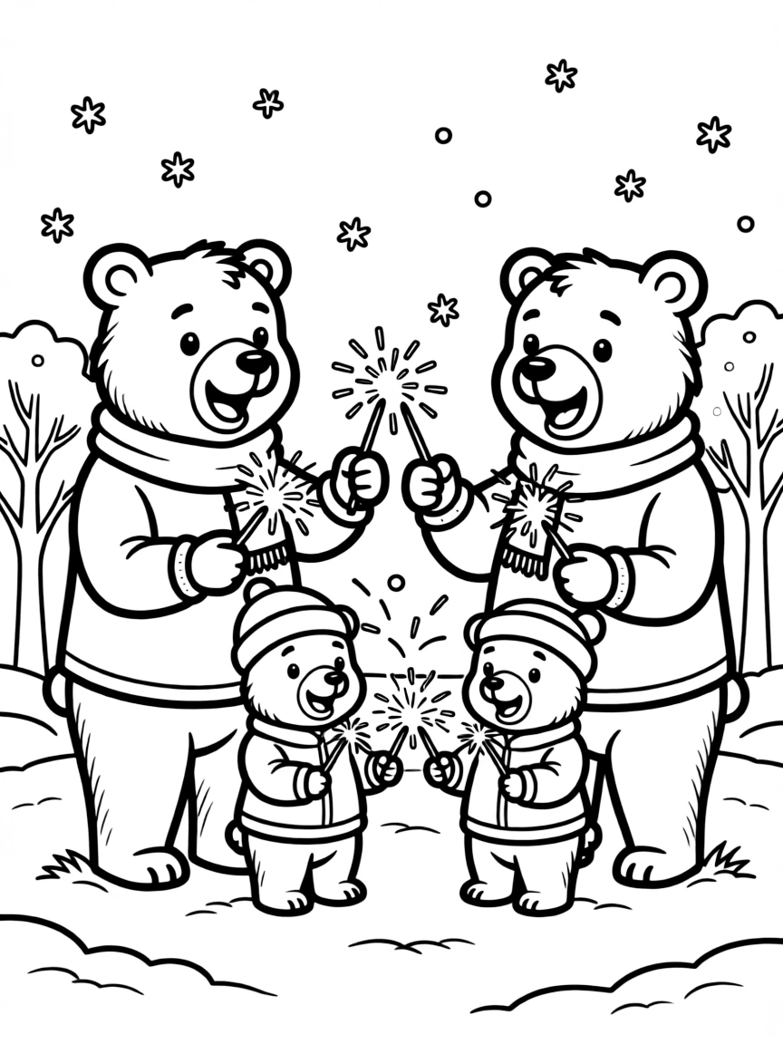 A family of bears setting off New Year's sparklers