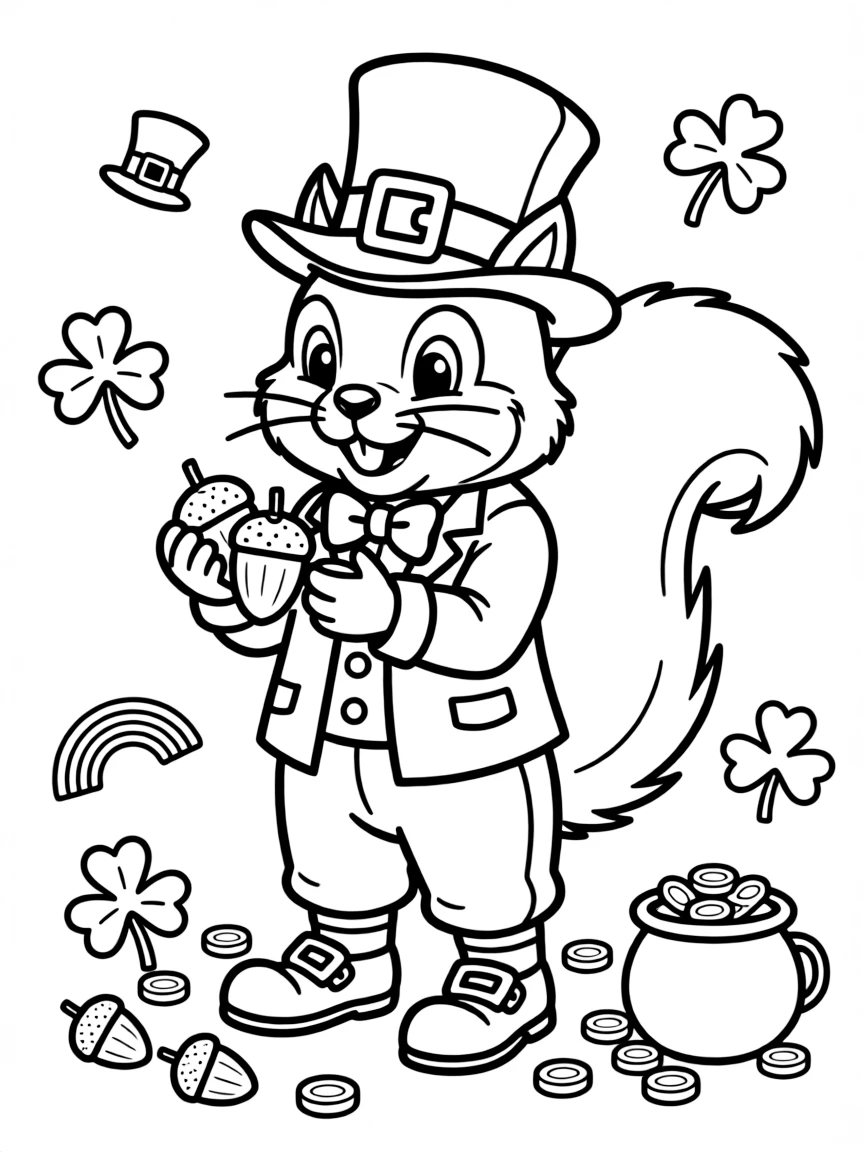 A leprechaun squirrel counting gold acorns on St. Patrick's Day