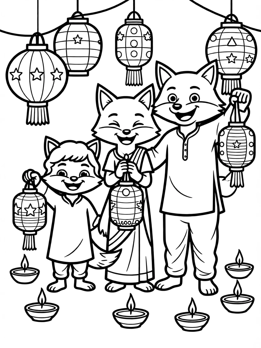 A family of animals celebrating Diwali with paper lanterns