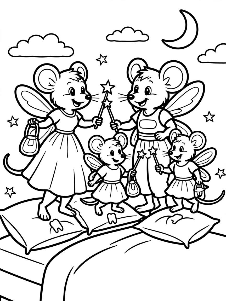 A family of mice leaving teeth under pillows as tooth fairies