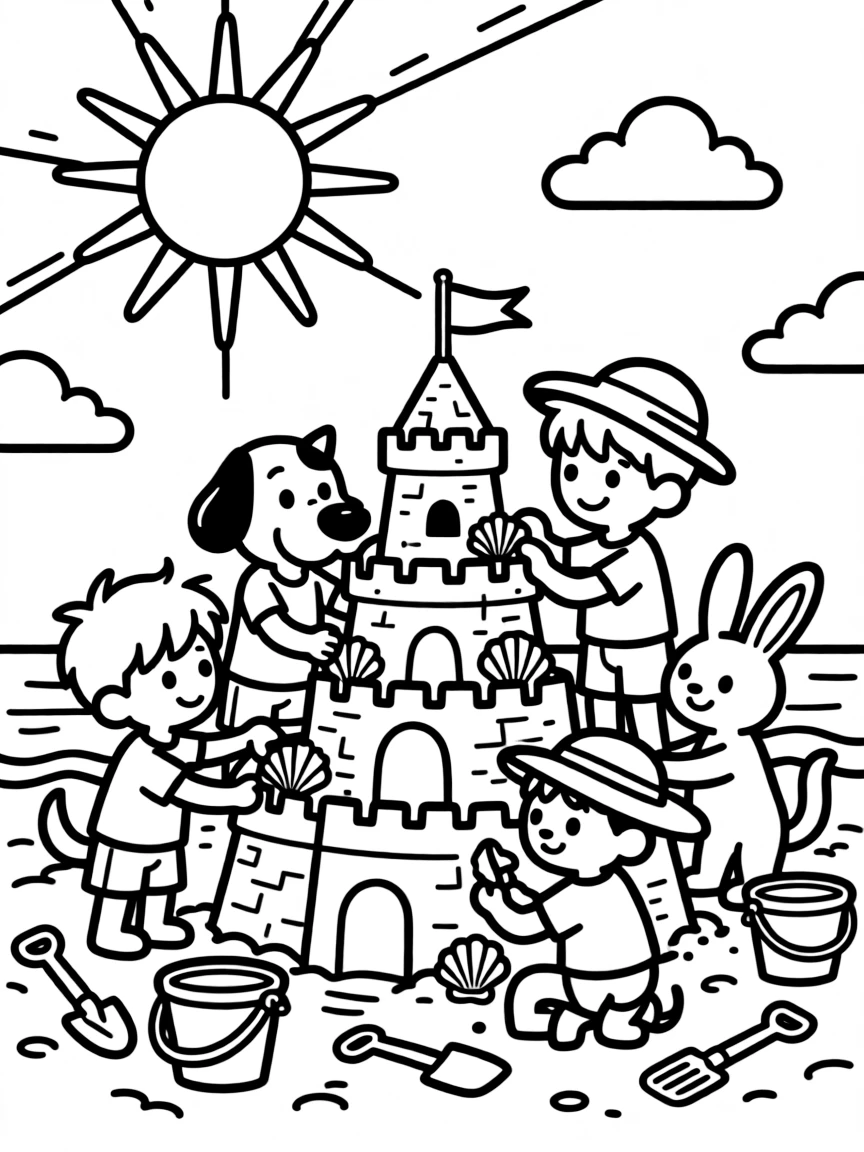 A group of animals building a sandcastle for summer solstice