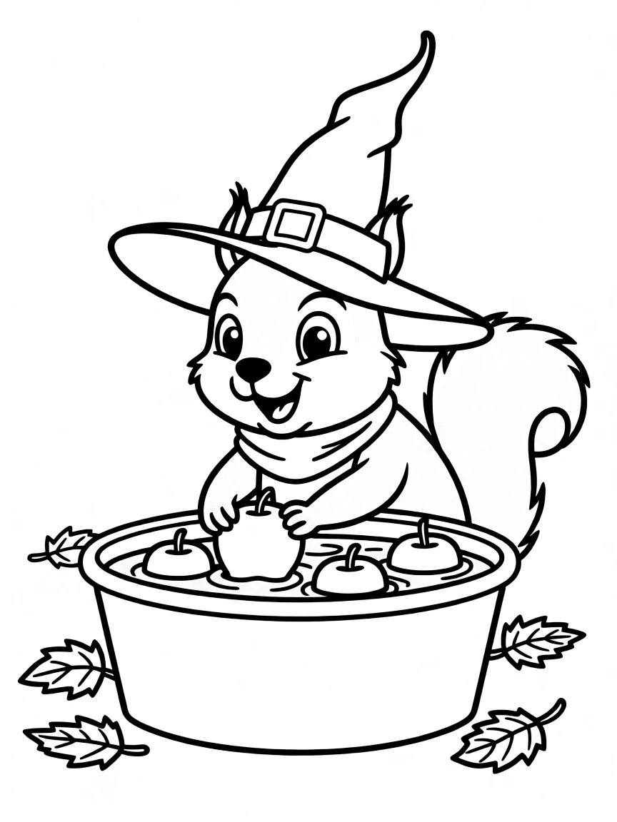 A squirrel wearing a witch hat bobbing for apples