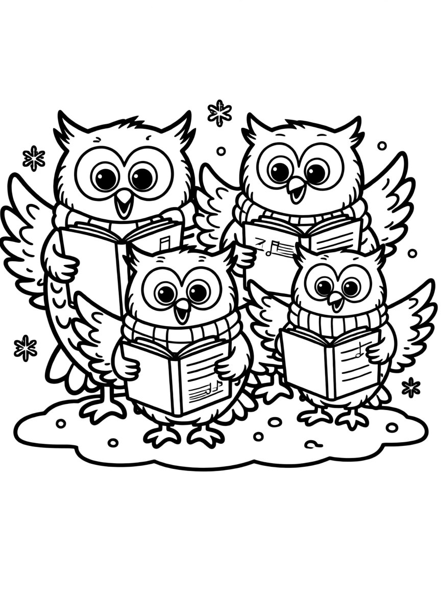 A family of owls caroling with song books and scarves