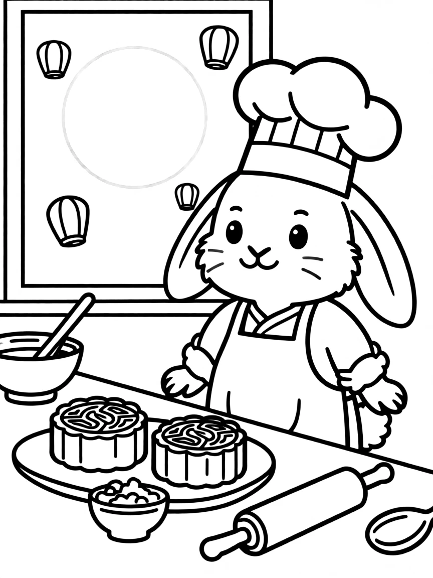 A bunny chef preparing moon cakes for Mid-Autumn Festival