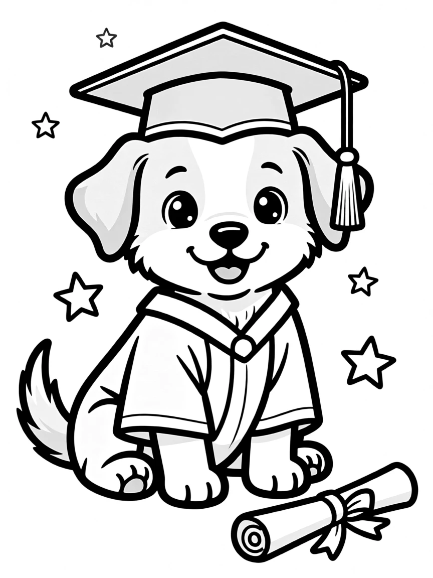 A puppy wearing a graduation cap and gown