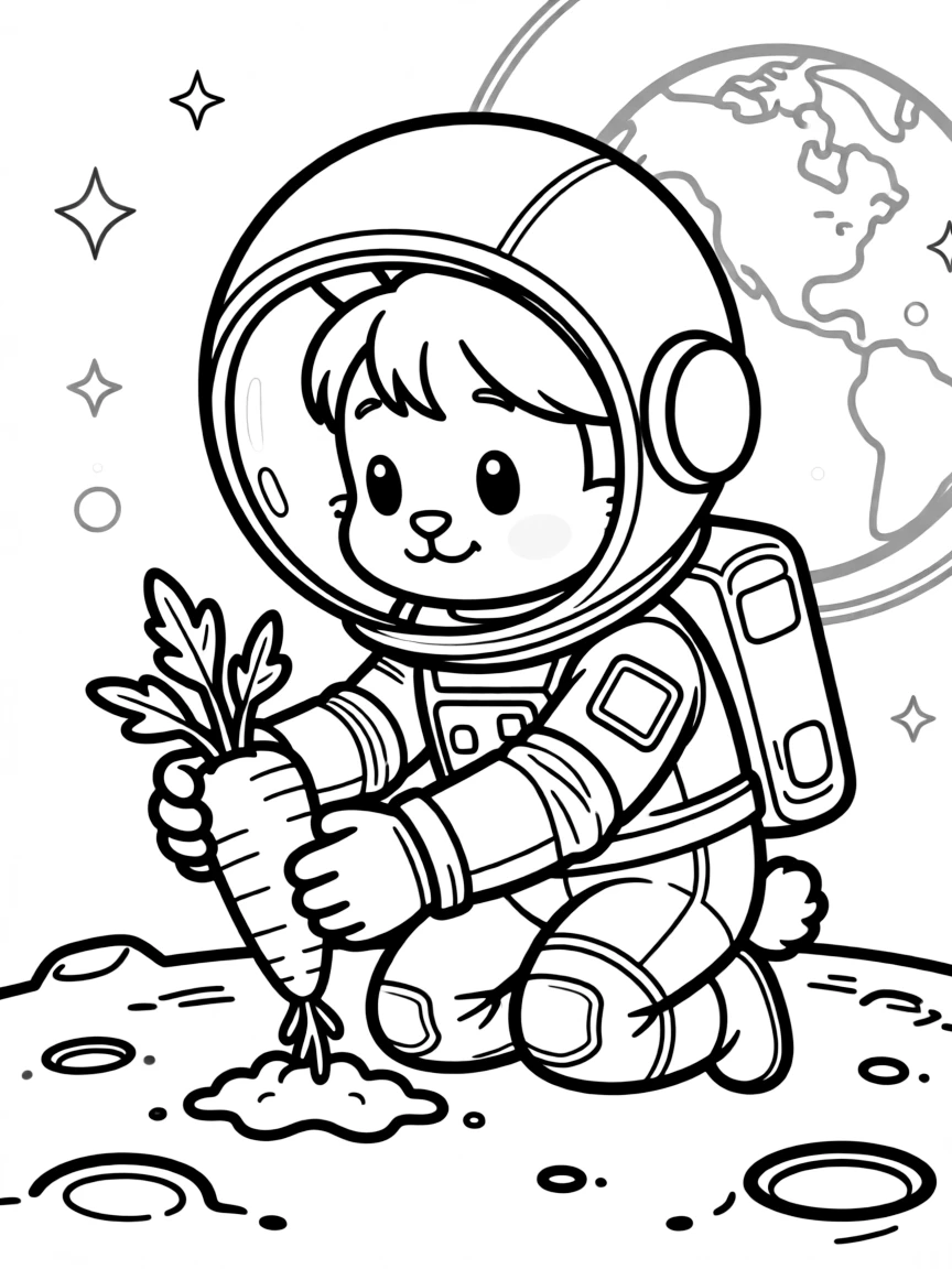 A rabbit astronaut planting carrots on the moon