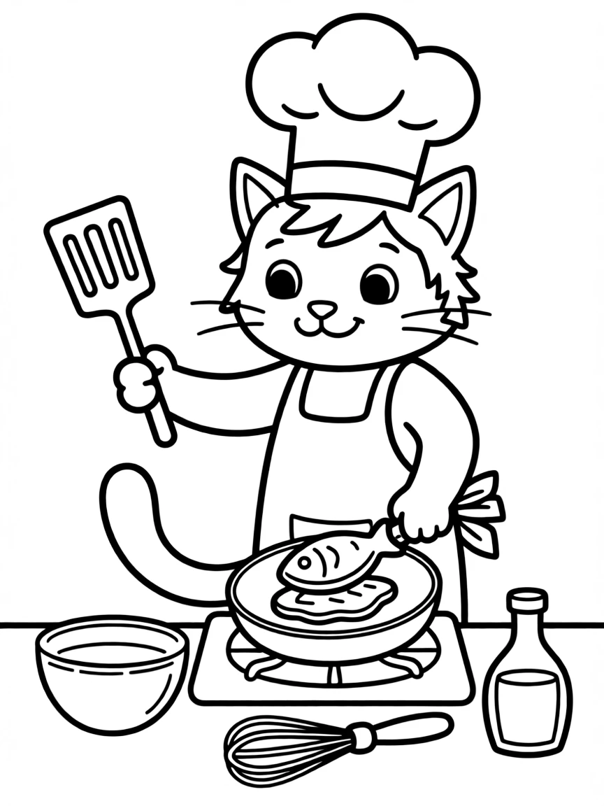 A cat chef in a tall hat making fish-shaped pancakes