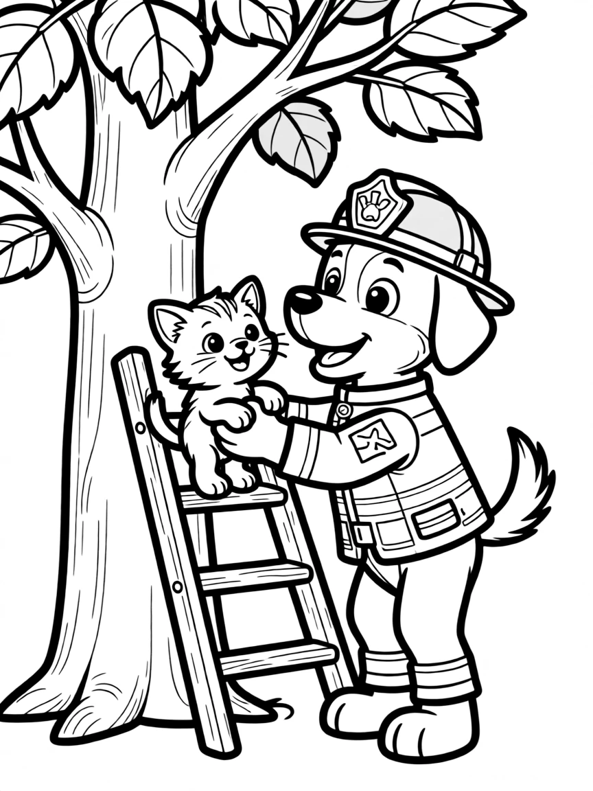 A dog firefighter rescuing a kitten from a tree