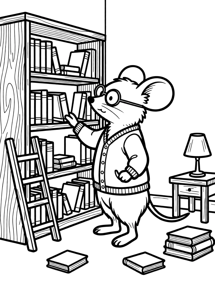 A mouse librarian organizing tiny books on shelves