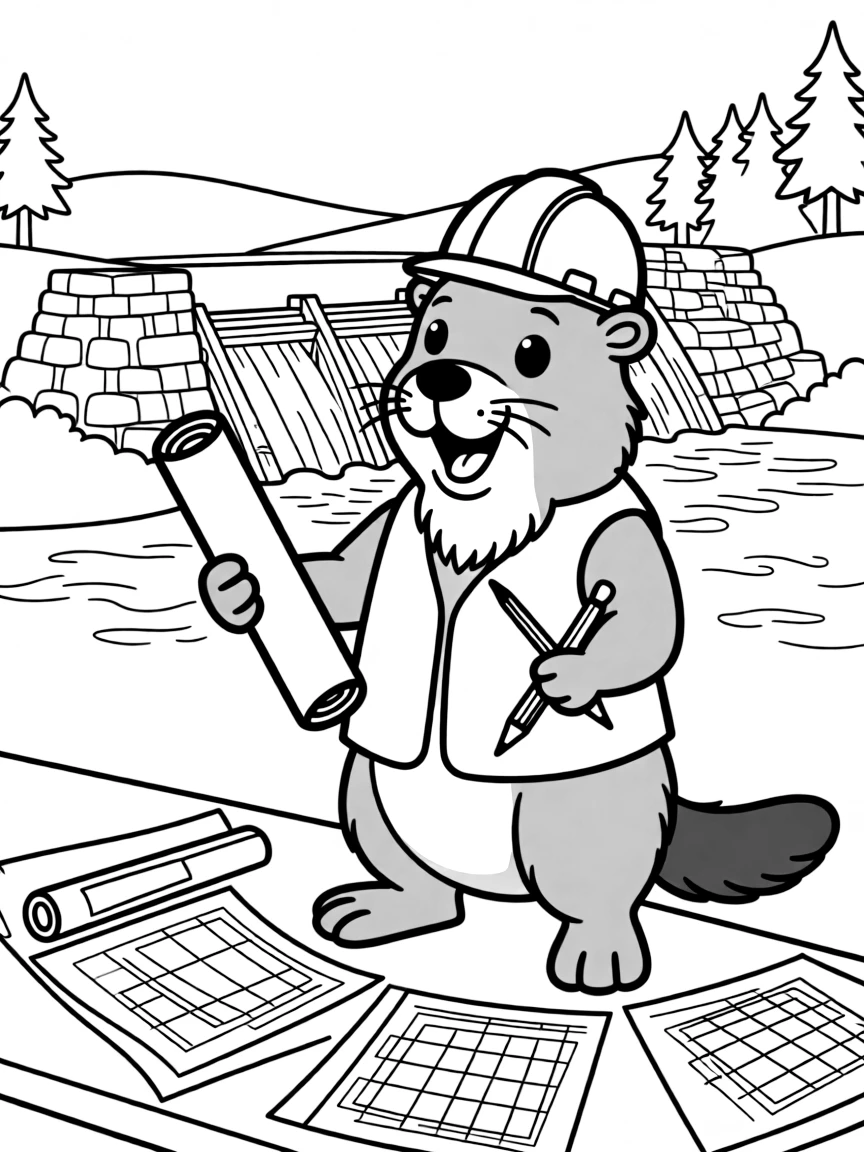A beaver architect drawing plans for a new dam