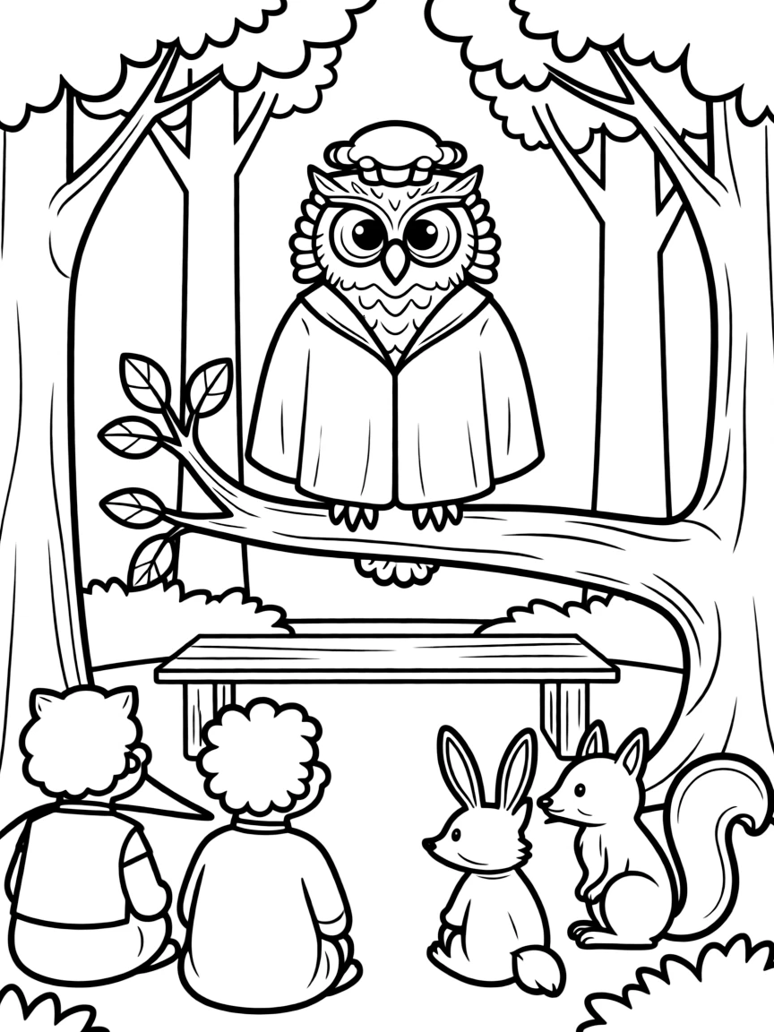An owl judge in robes presiding over a forest court