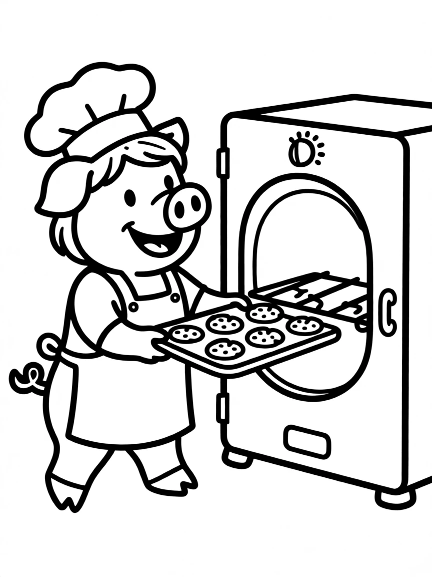 A pig baker pulling fresh cookies from an oven