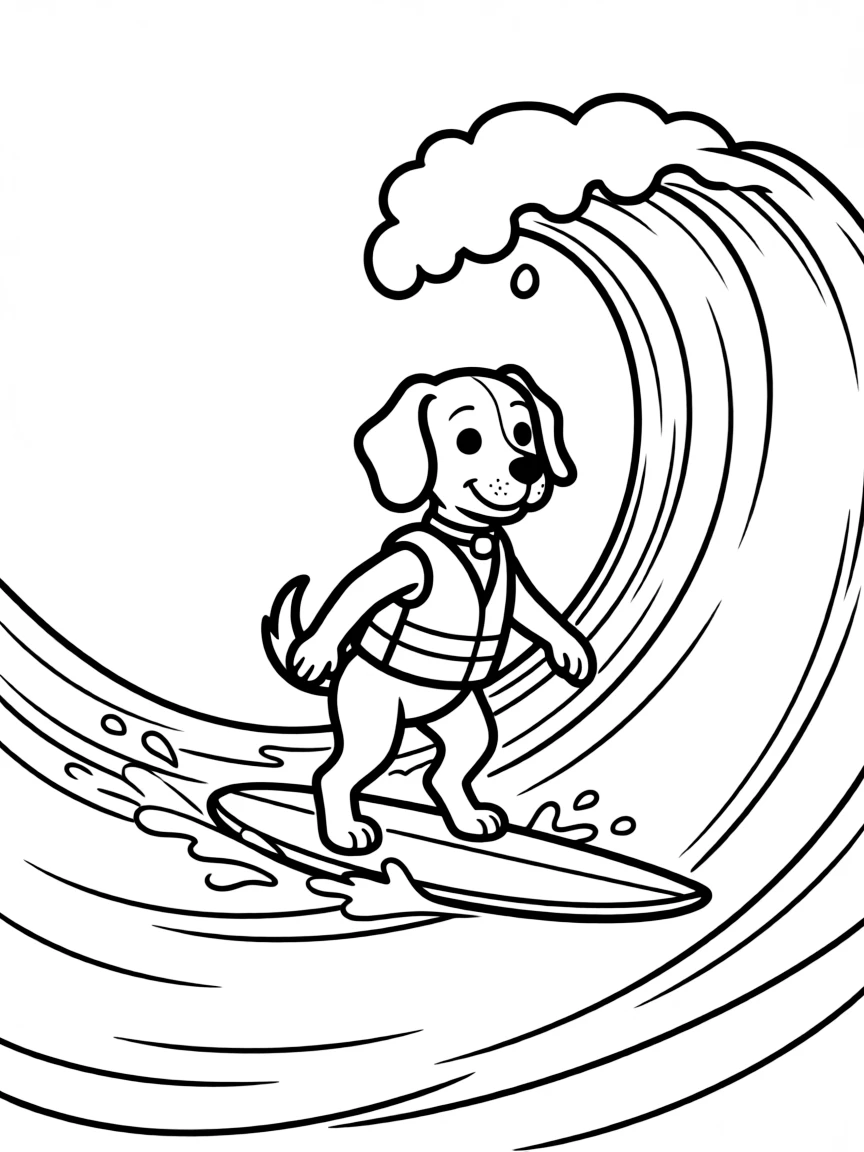 A dog surfer riding a wave on a tiny surfboard