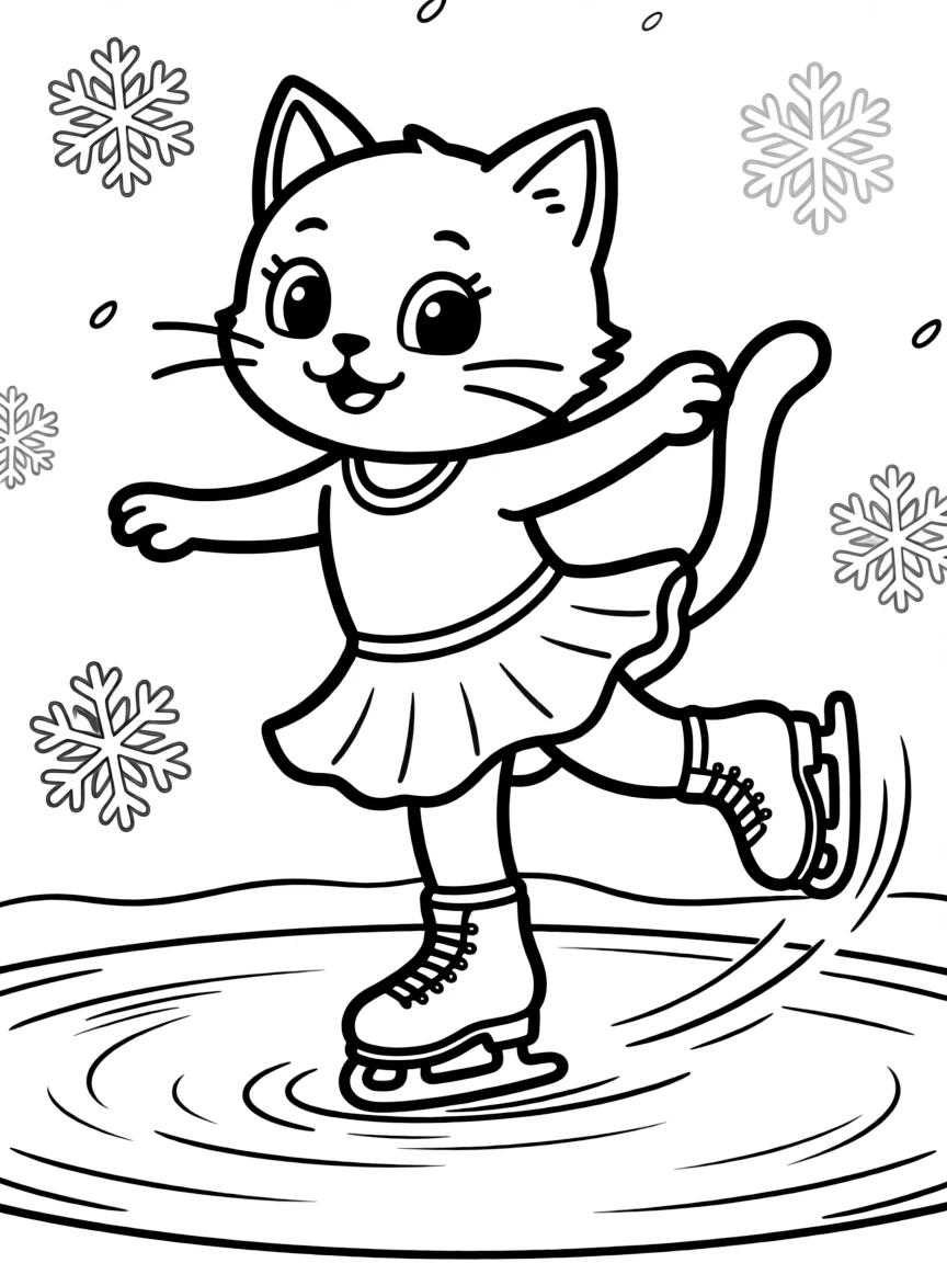 A cat figure skater performing a spin on an ice pond