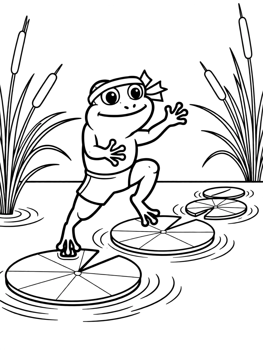 A frog long jumper preparing to leap across lily pads