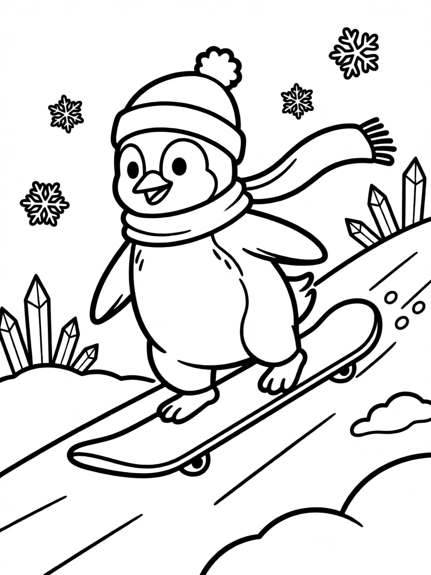 A penguin snowboarder on an icy slope