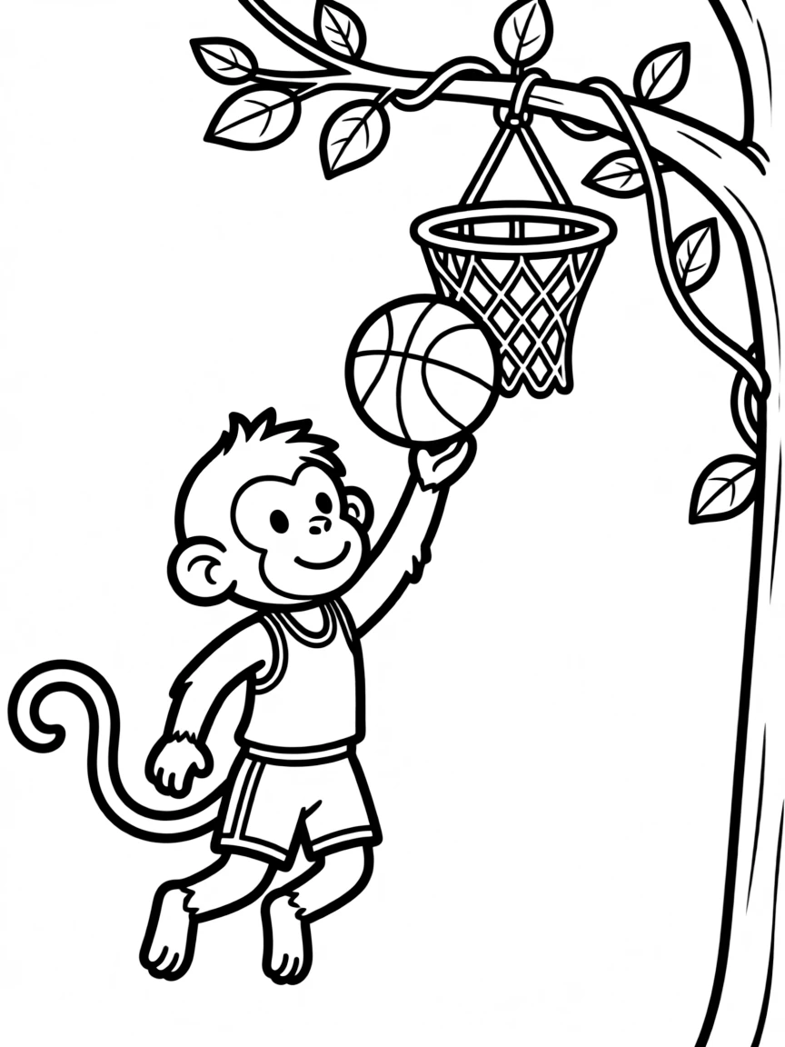 A monkey basketball player dunking on a vine hoop