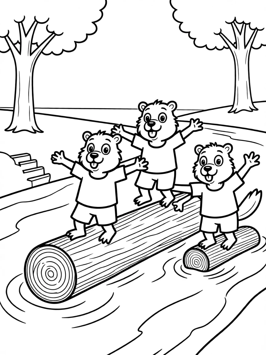 A family of beavers competing in a log rolling contest