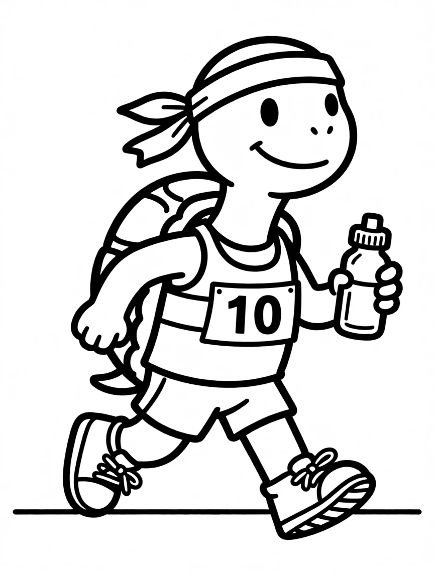 A tortoise marathon runner with a water bottle