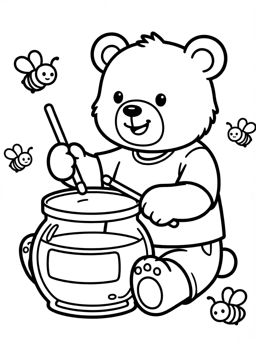A bear playing a honey jar as a drum