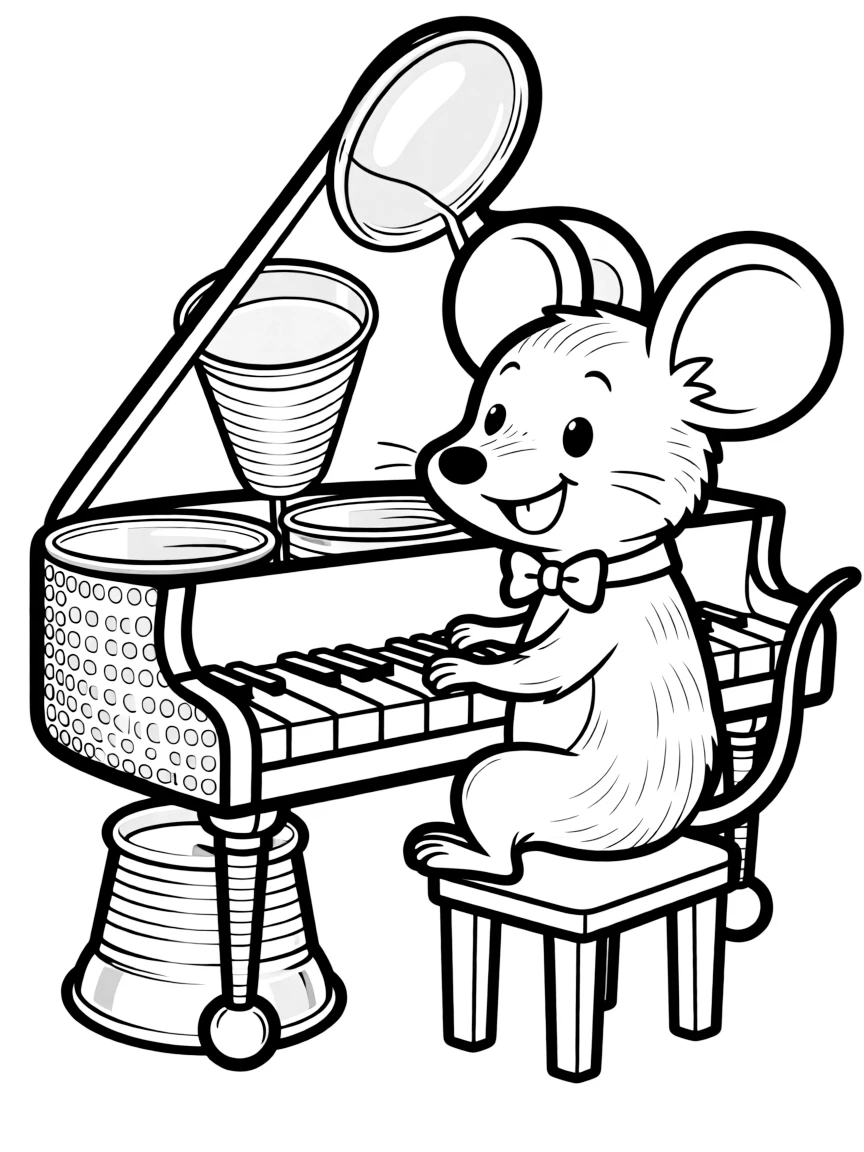 A mouse pianist performing on a thimble piano