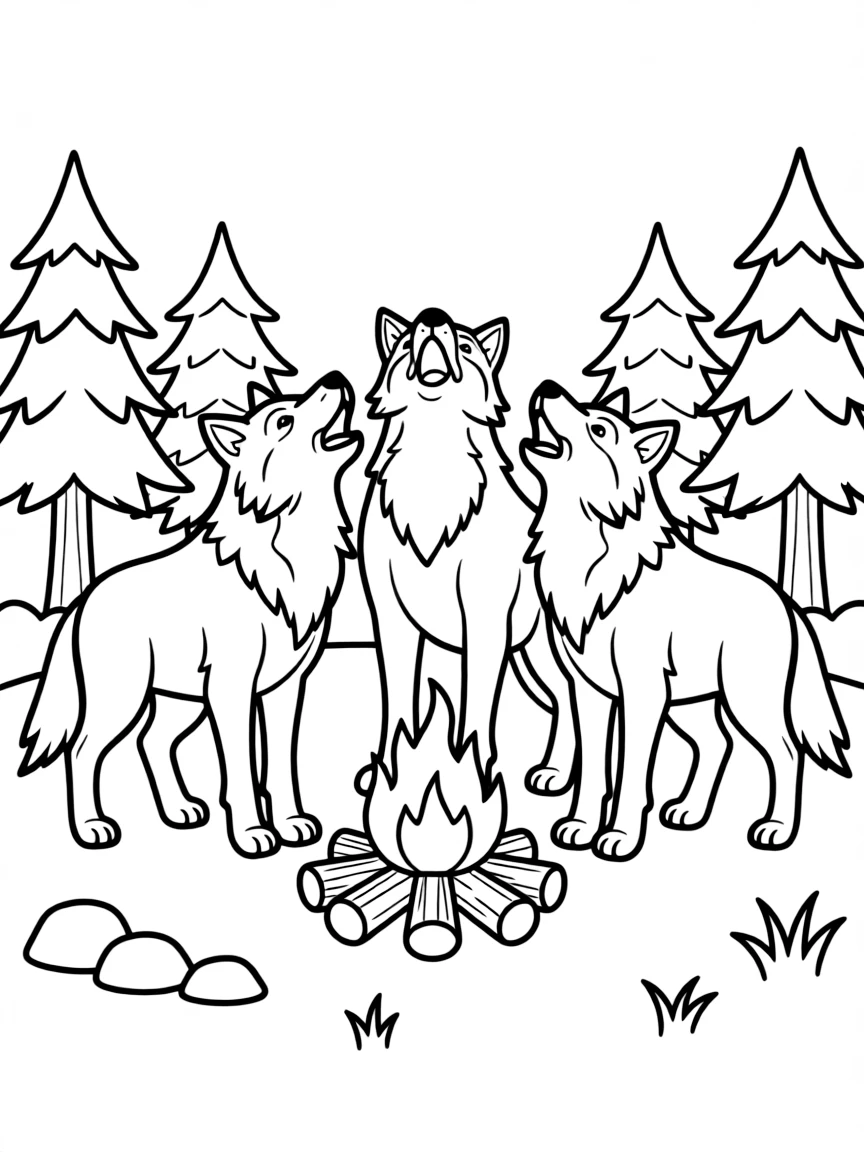 A family of wolves howling in harmony around a campfire