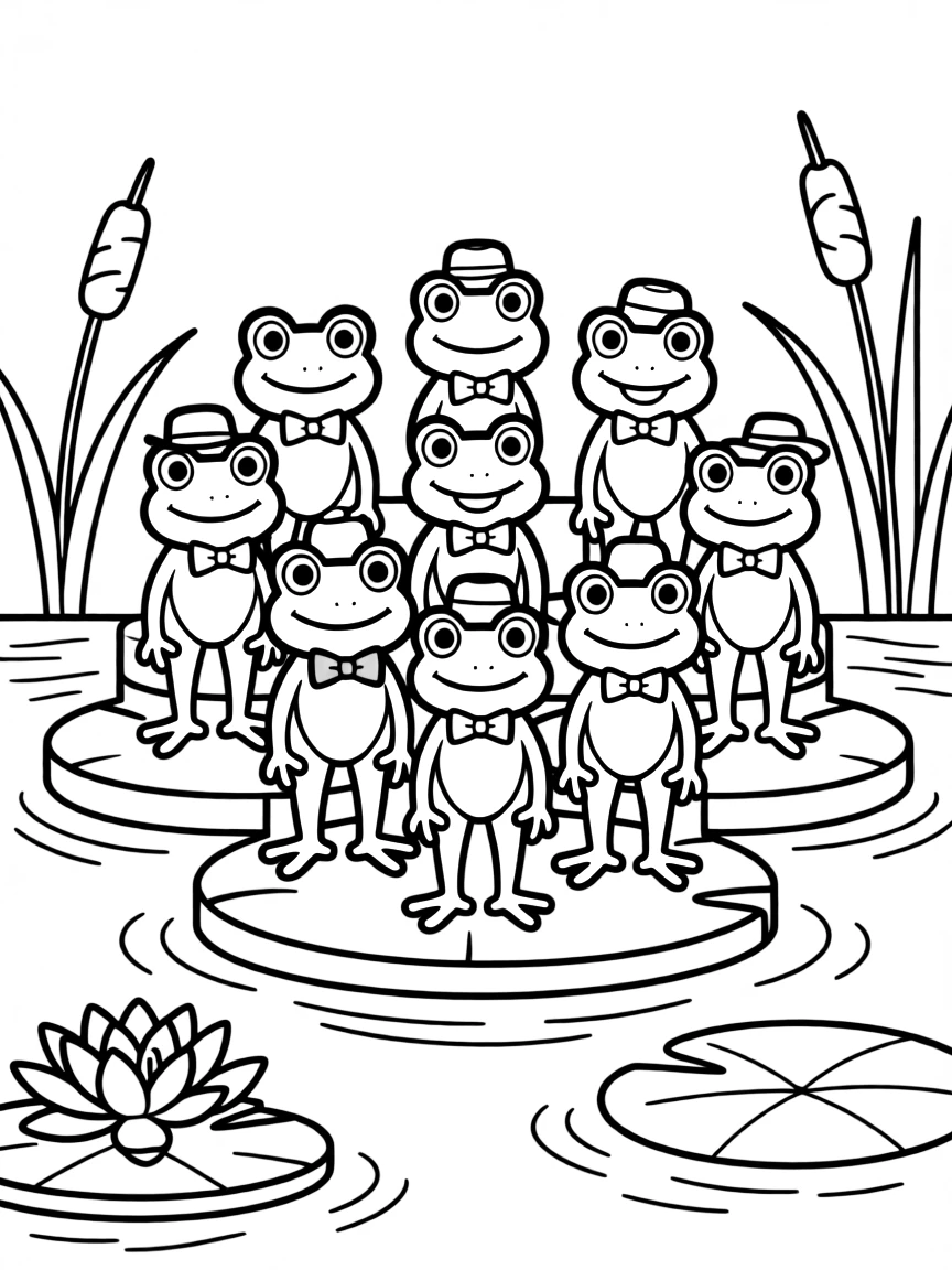 A frog choir on lily pad risers