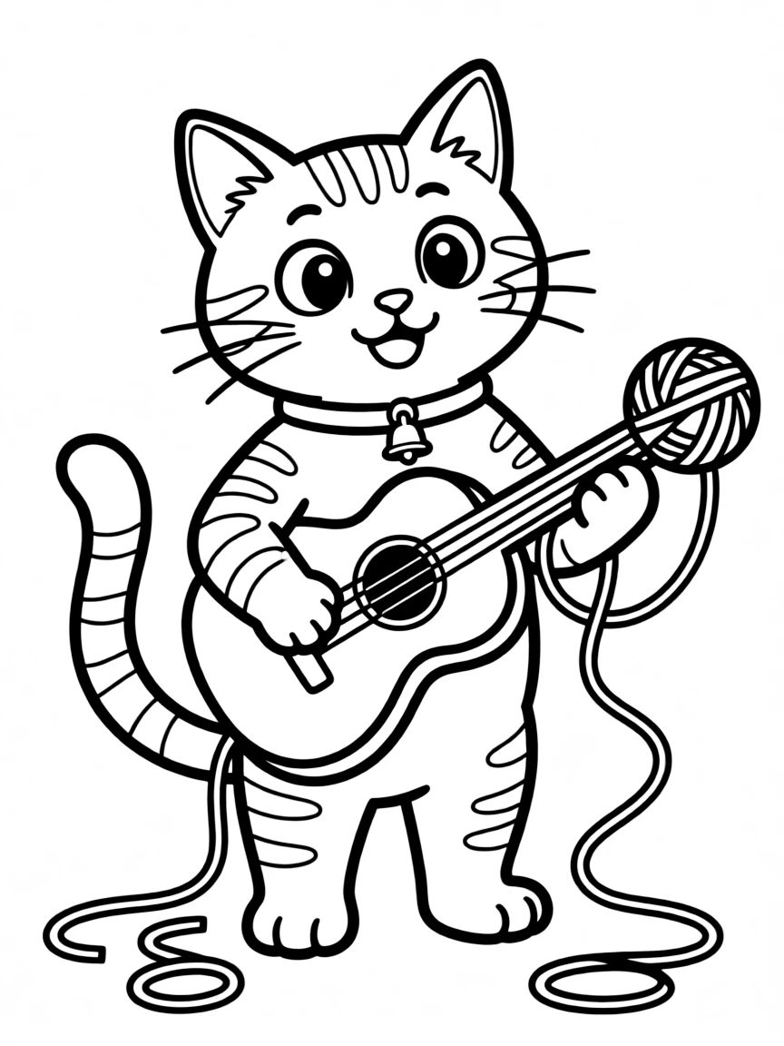 A cat playing a yarn ball guitar