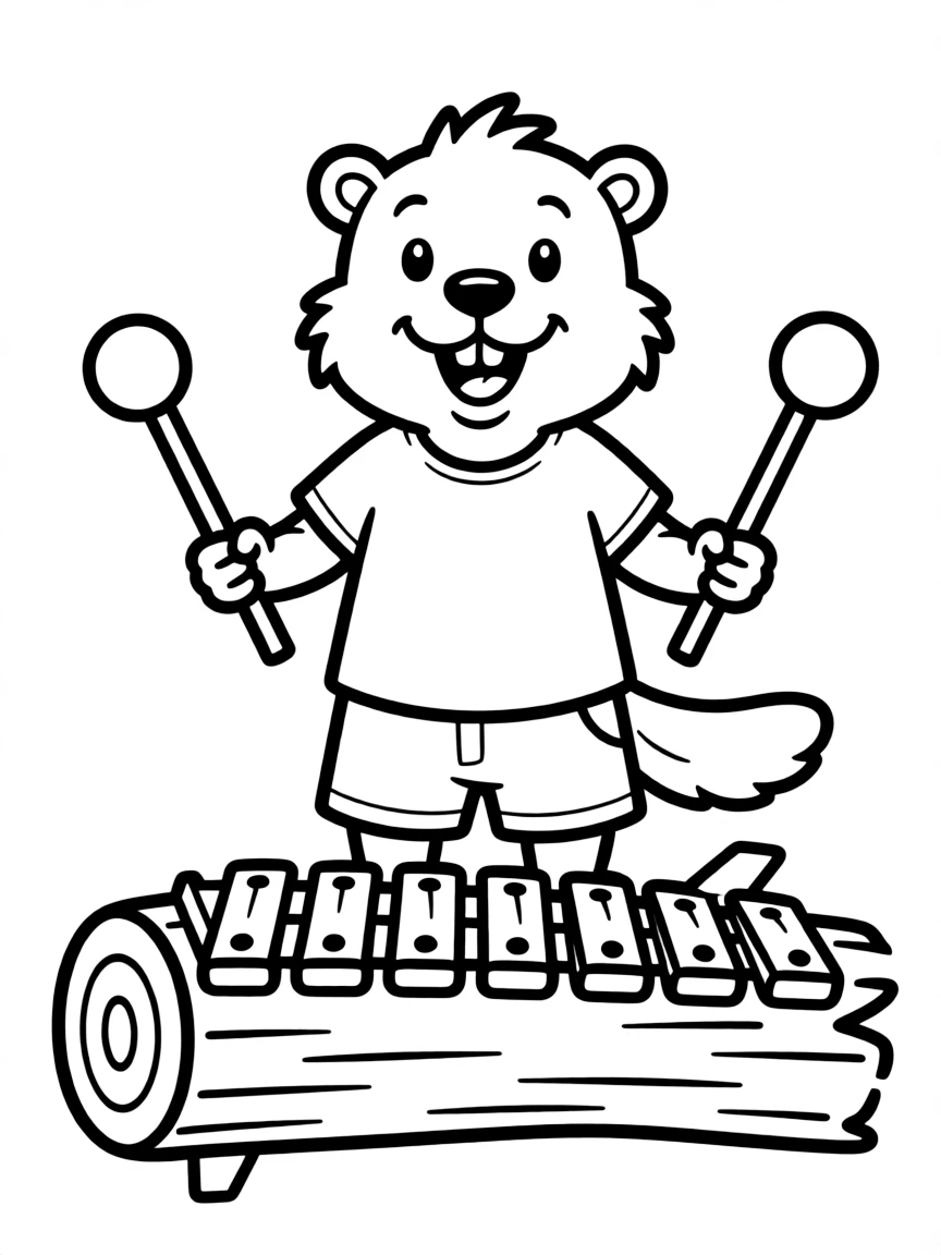 A beaver playing a log xylophone with stick mallets