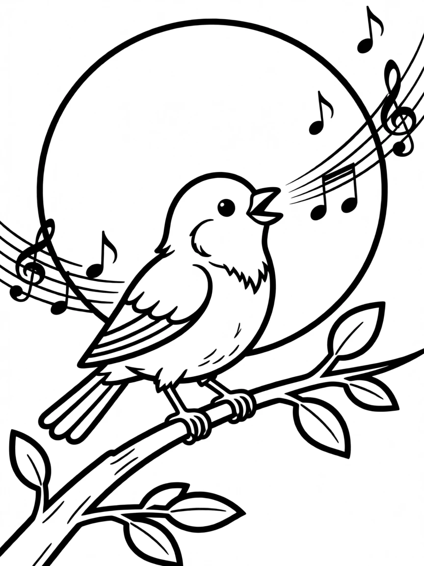 A nightingale singing from a moonlit branch with sheet music