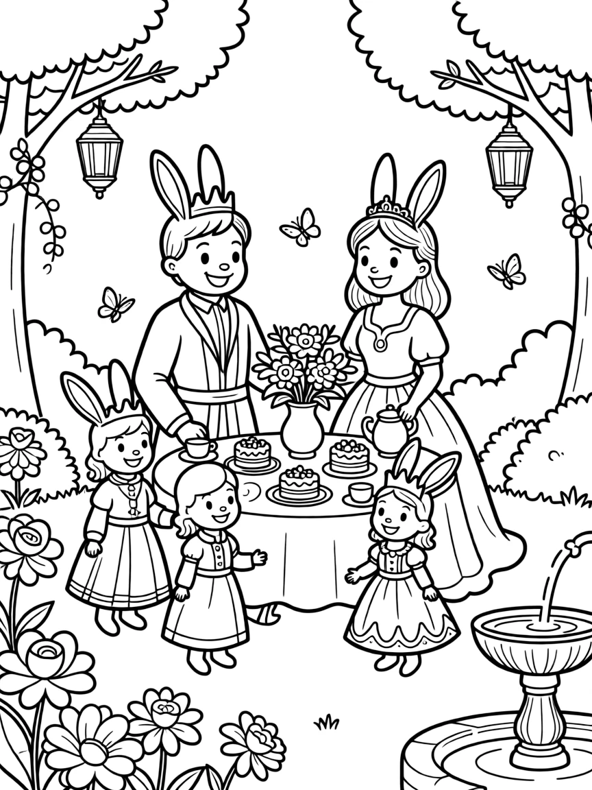 A family of rabbit royals having a royal garden party