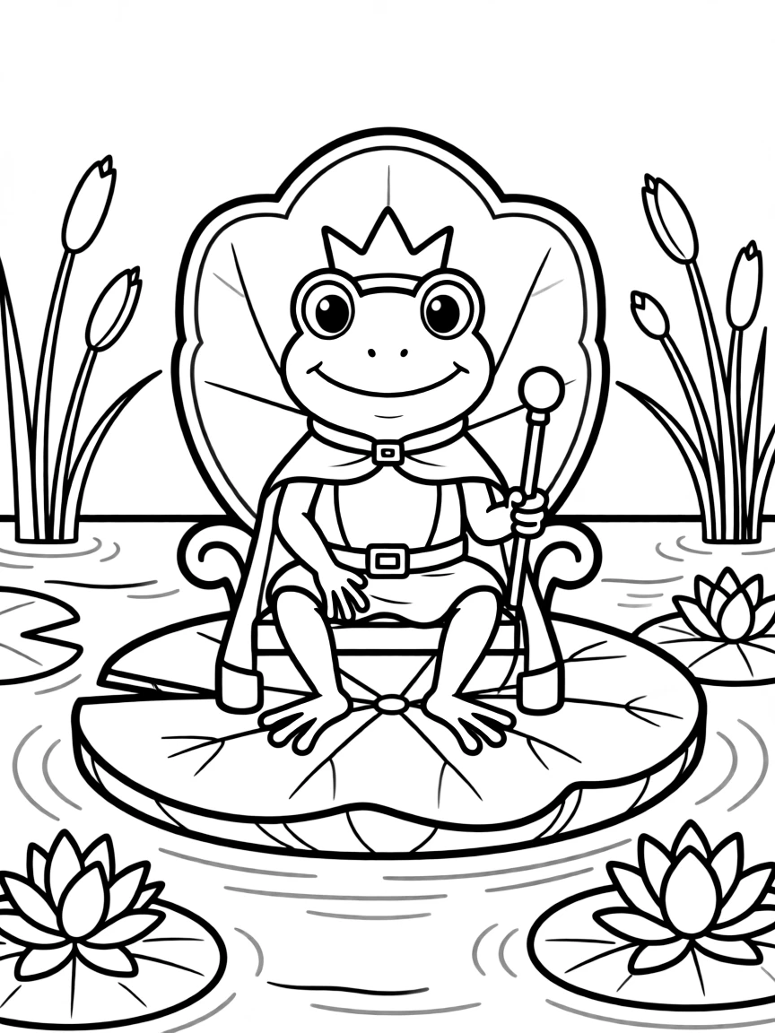 A frog prince sitting on a lily pad throne