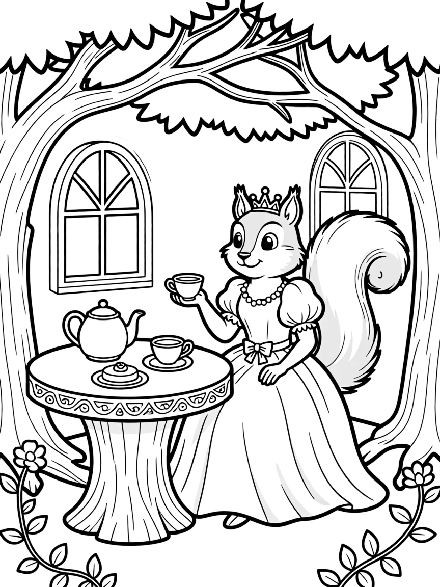 A squirrel duchess having afternoon tea in a tree palace