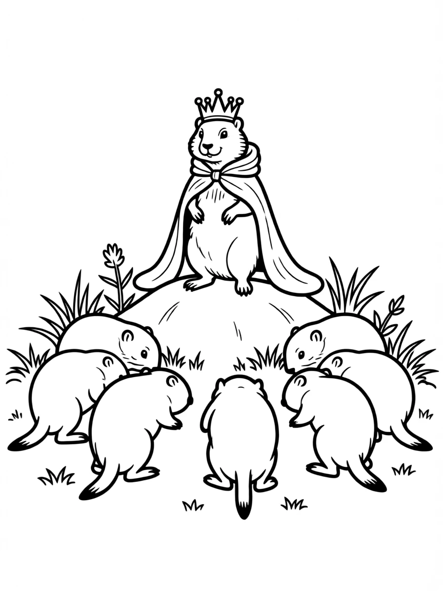 A group of prairie dog royal subjects bowing to their queen