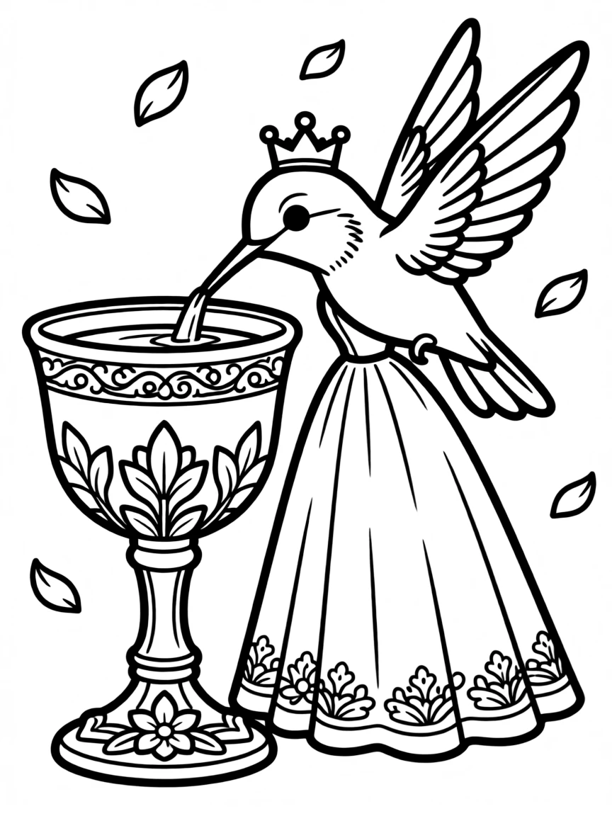 A hummingbird princess drinking nectar from a royal chalice
