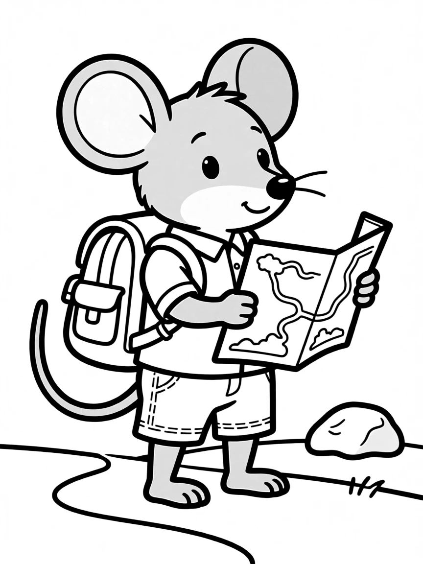 A mouse explorer with tiny backpack and map