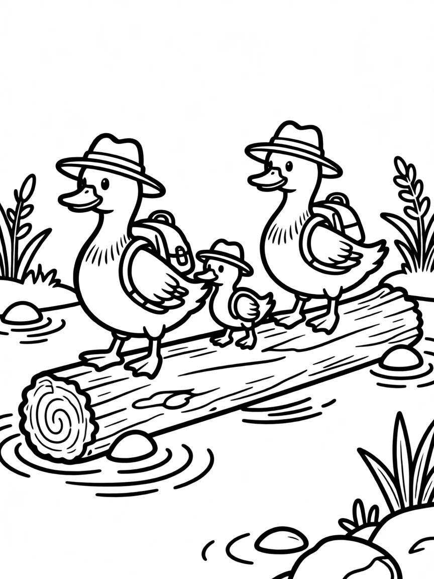 A family of duck adventurers crossing a stream on a log