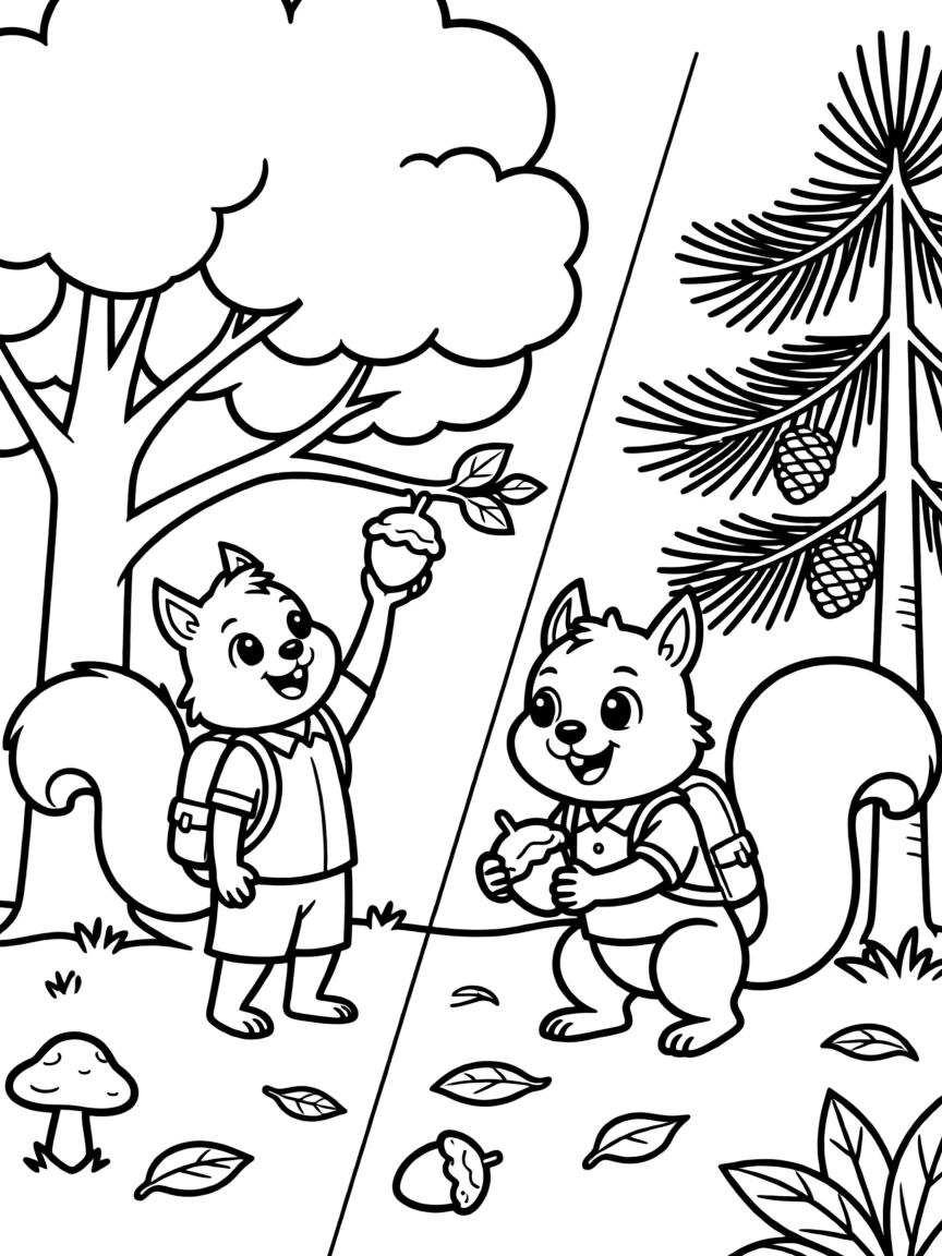 A pair of squirrel explorers collecting acorns in different forests