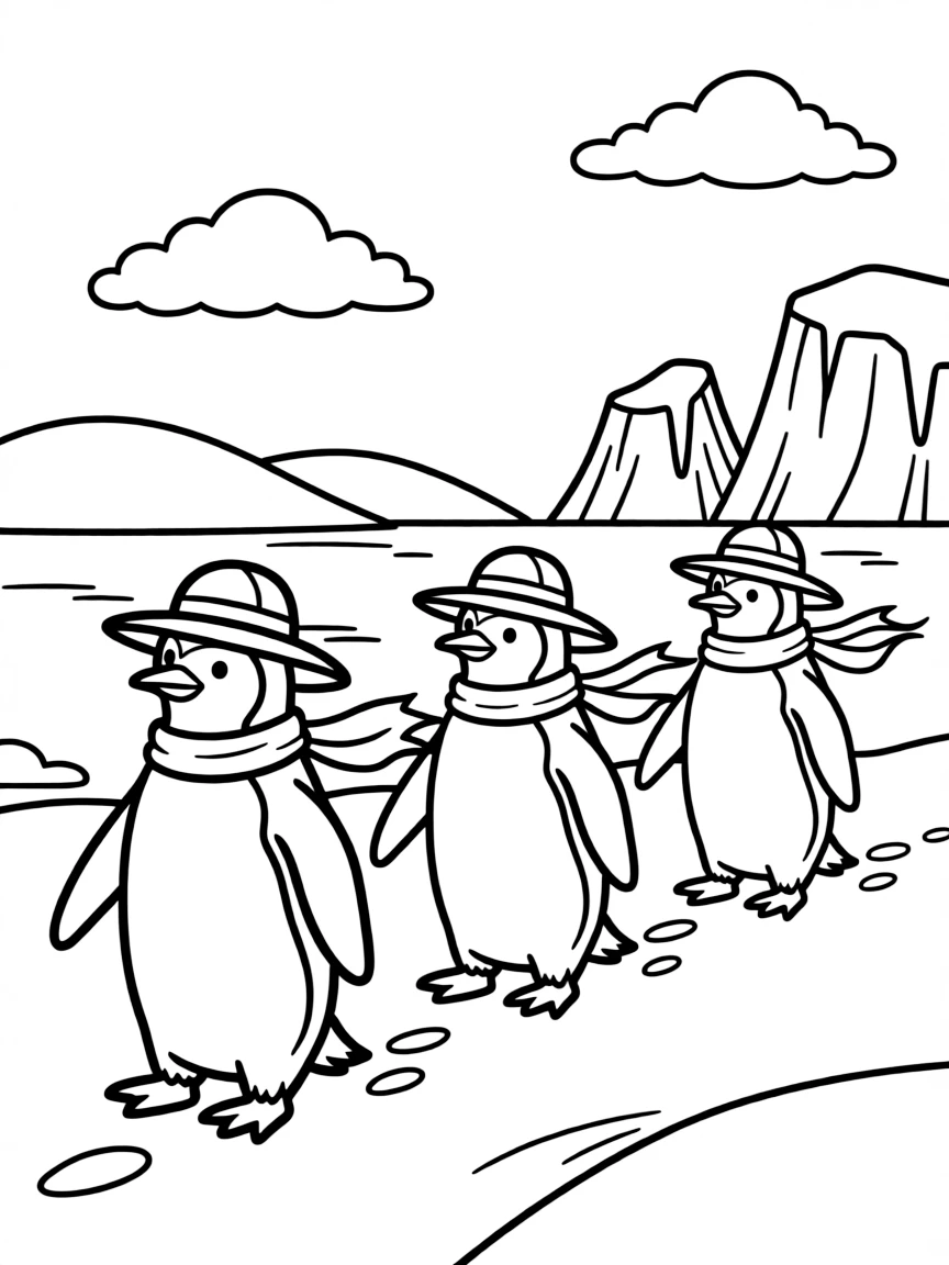 A group of penguin explorers traversing an icy landscape