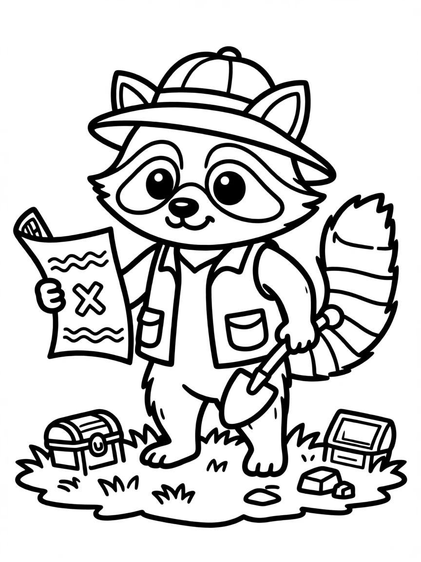 A raccoon treasure hunter with a map and tiny shovel