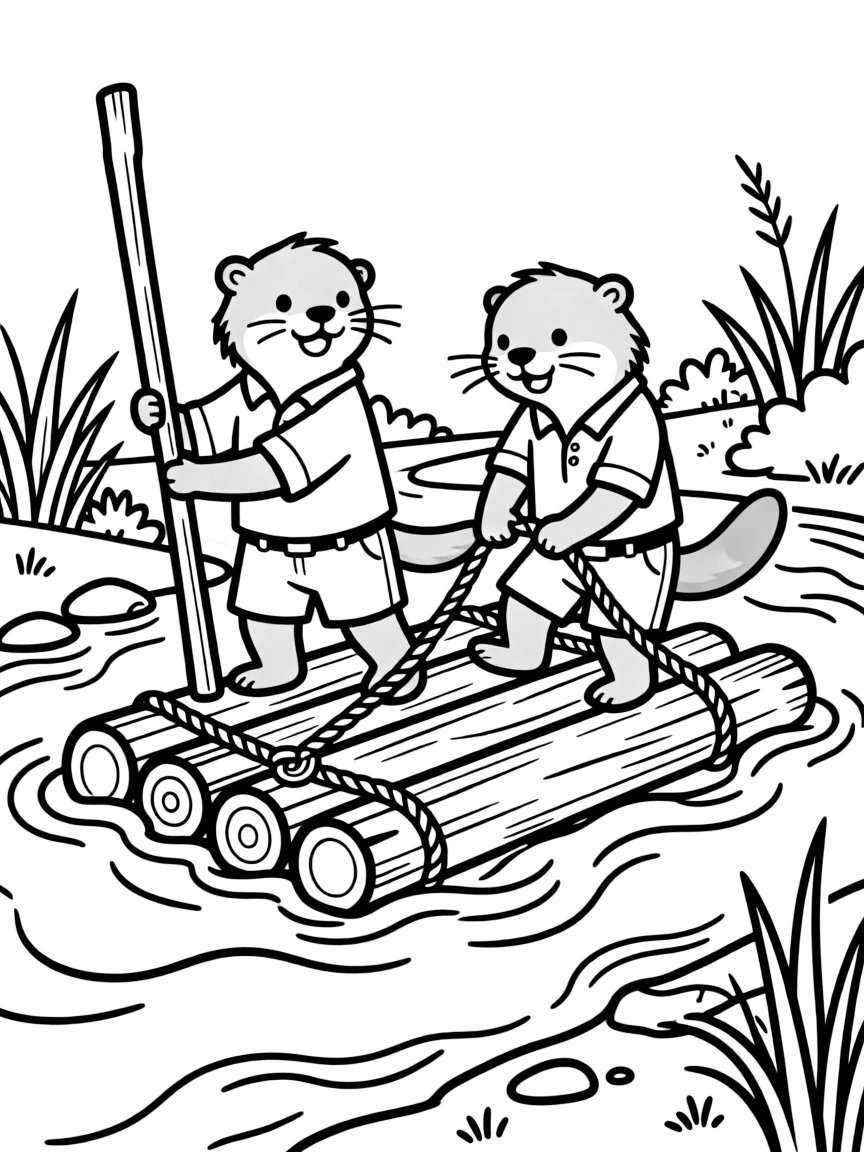 A pair of otter explorers building a river raft