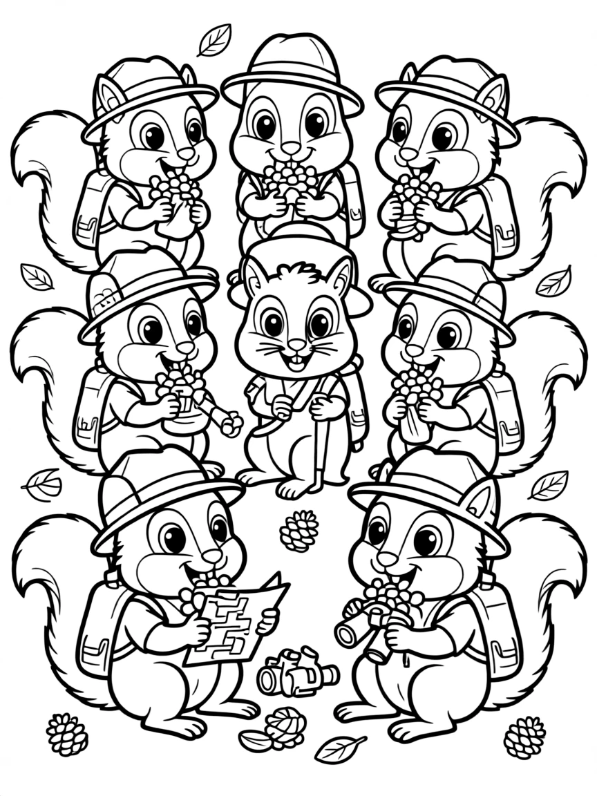 A group of chipmunk explorers filling their cheeks with expedition snacks